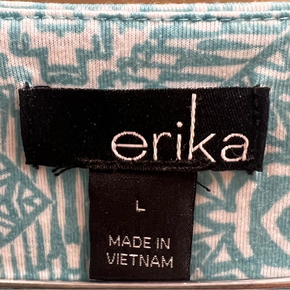 Erika Blue Floral Blouse Sz L Pilar Lace Trim V Neck Women 3/4 Length Sleeves - Picture 5 of 6